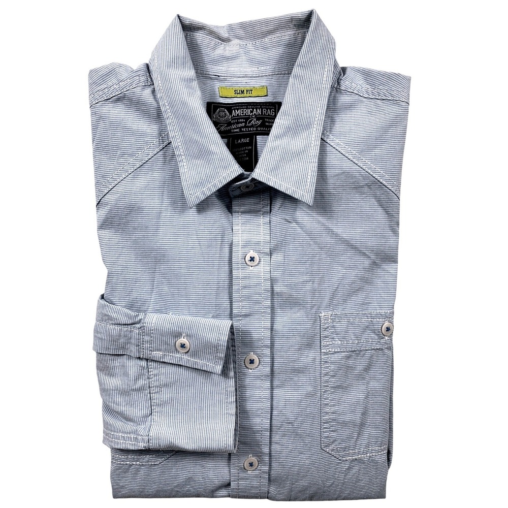 American Rag‎ Micro Stripe Large Western Button Down Shirt Mens Blue Slim Fit